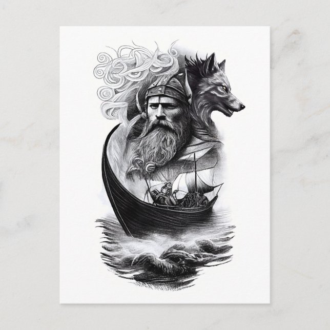 Postal northern mythology Odin Fenriswolf and viking ship (Anverso)