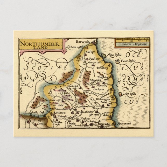 Postal Northumberland County England Mapa anticuario anti (Anverso)