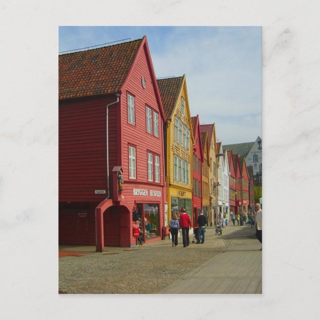 Postal Noruega, Bergen, casas pintadas a orillas del mar (Anverso)