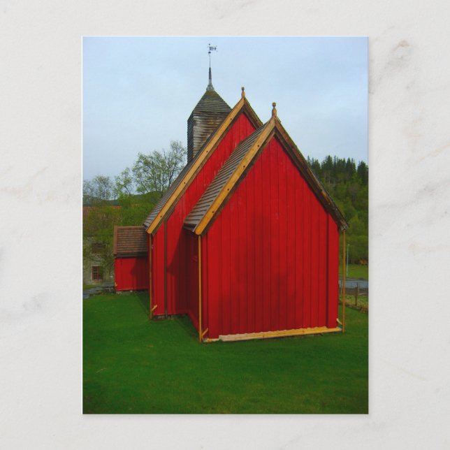 Postal Noruega, iglesia de pueblo pintada de rojo (Anverso)