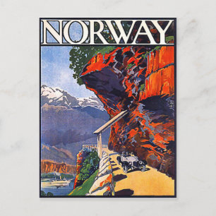 Postal Noruega, viejo auto cronómetro en el camino de la