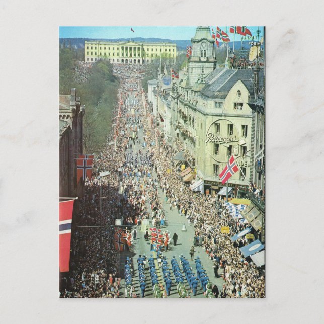 Postal Noruega vintage, Oslo, Desfile (Anverso)