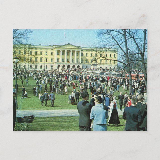Postal Noruega vintage, Oslo, jardines del palacio (Anverso)