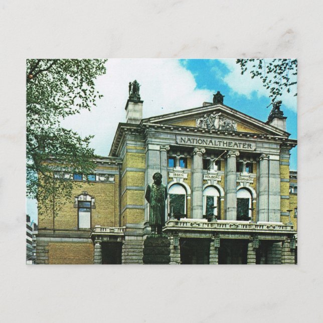 Postal Noruega vintage, Oslo, Teatro Nacional (Anverso)