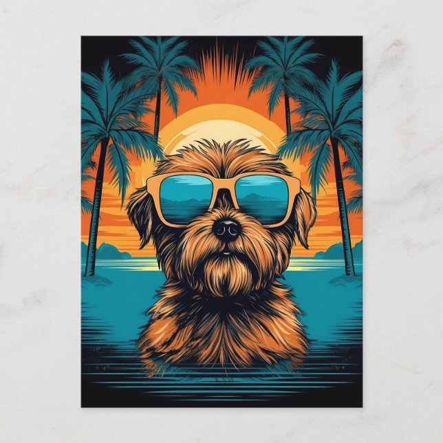 Postal Norwich Terrier con gafas de sol en la playa (Anverso)