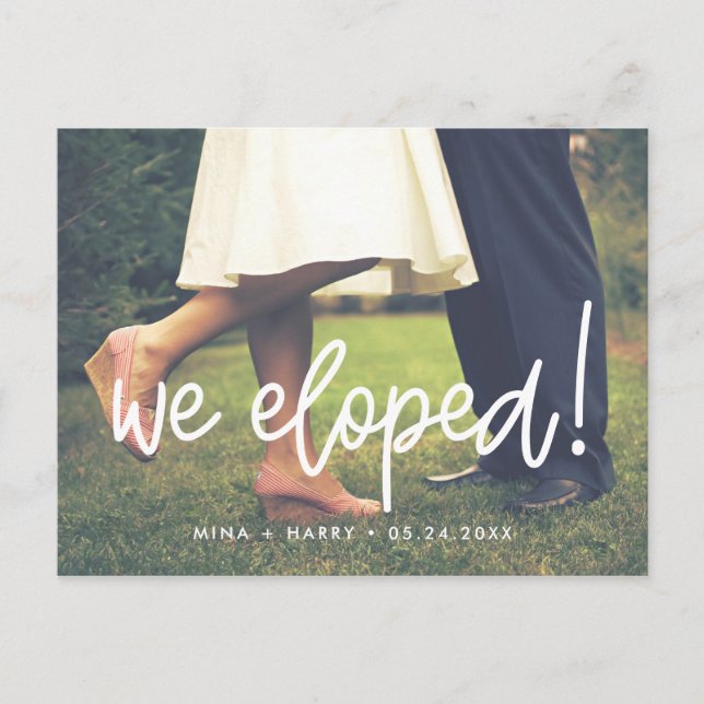 Postal Nos escapamos Foto de boda moderna (Anverso)