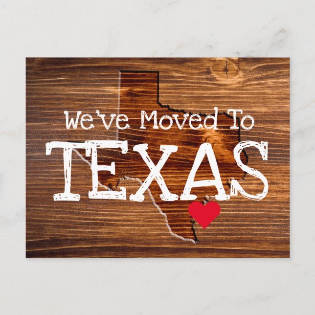 Postal Nos hemos mudado a Texas Wood Cut Red Heart (Anverso)