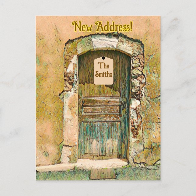 POSTAL ¡NOS HEMOS MUDADO!  PUERTA DE MADERA PINTADA RÚSTI (Anverso)