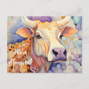 Postal ¡Nos hemos mudado! Vaca artística