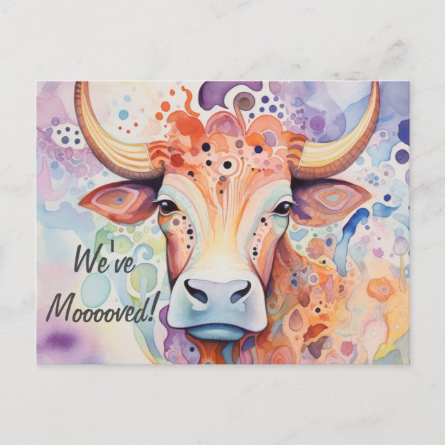 Postal ¡Nos hemos mudado! Vaca artística (Anverso)