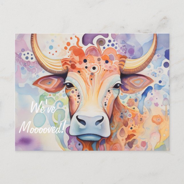 Postal ¡Nos hemos mudado! Vaca artística (Anverso)