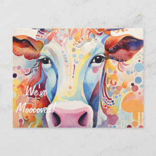 Postal ¡Nos hemos mudado! Vaca artística