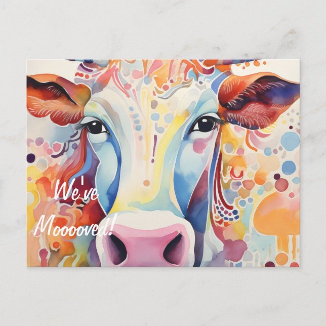 Postal ¡Nos hemos mudado! Vaca artística (Anverso)