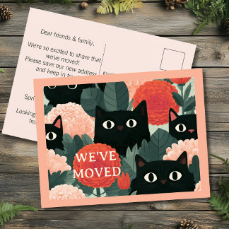 Postal Nos Mudamos Anuncio de Mudanza Floral Gato Negro