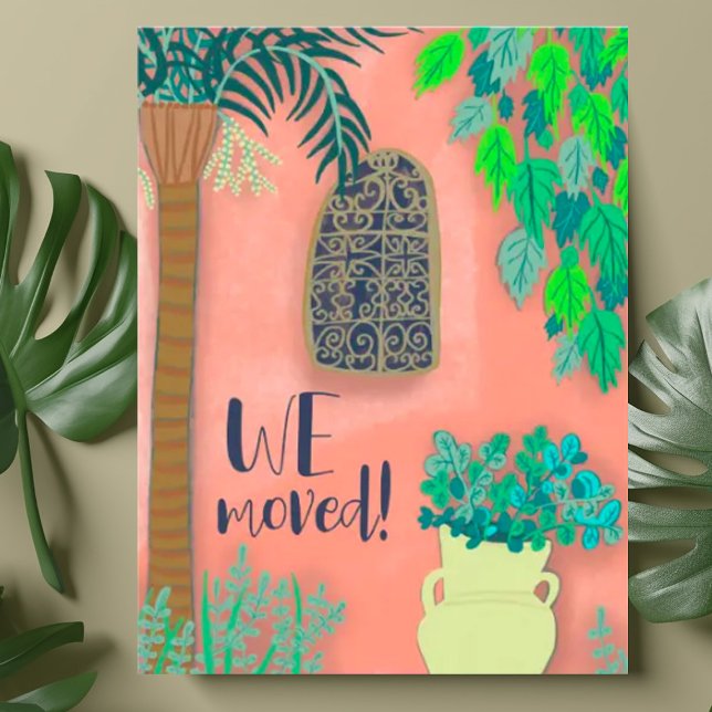 Postal Nos mudamos de nuevo hogar jardín rosado MOVIMIENT (Elegant illustration of a pink garden wall on customizable address change moving announcement card)