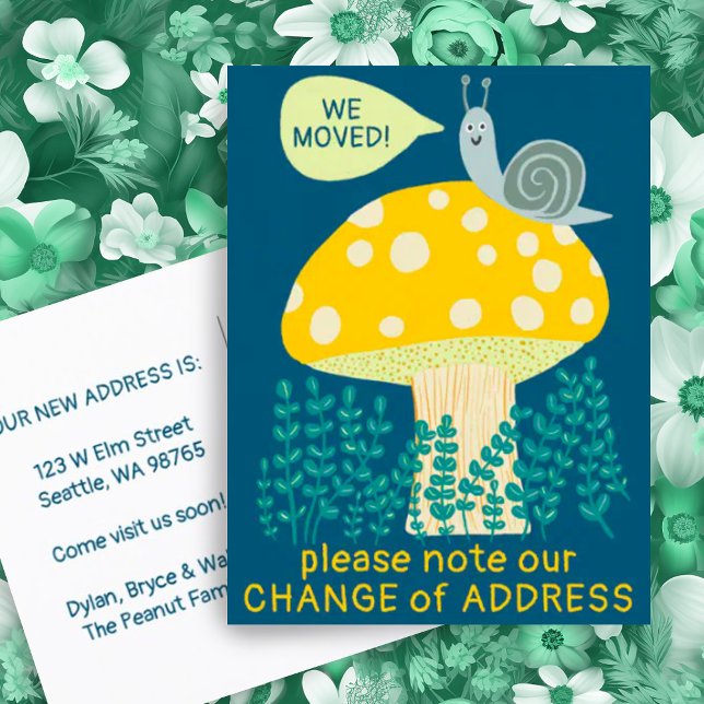POSTAL NOSOTROS MOVIMOS CASA NUEVA DE HIDROMASAJE (Moving announcement address change new home postcard with cute funny snail and mushroom. Customize!)