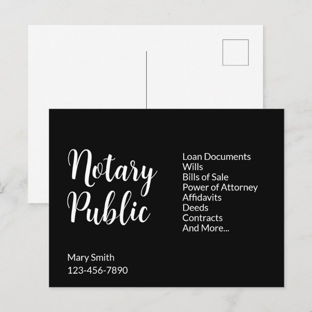 Postal Notario público Black White Name Business Services (Anverso / Reverso)
