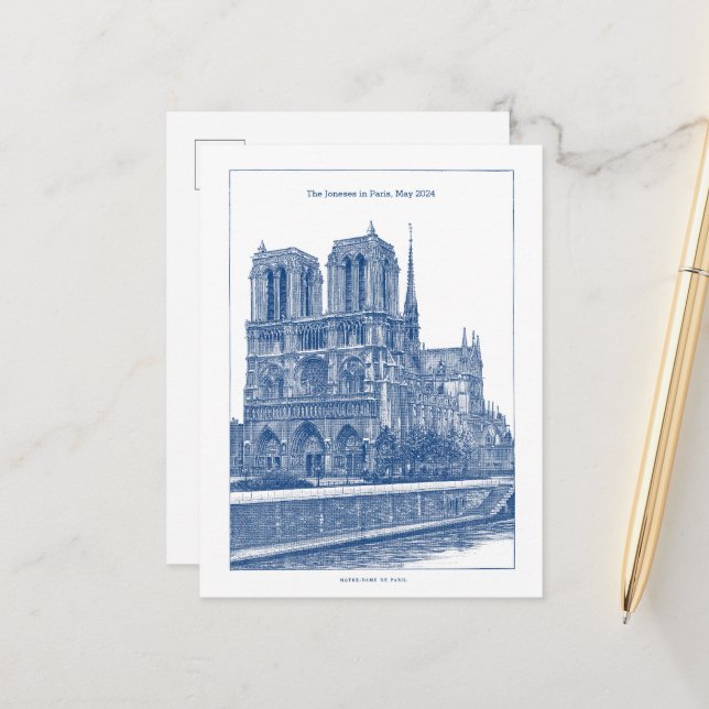 Postal Notre Dame de Retro Azul Elegante Personalizado (Anverso/Reverso In Situ)
