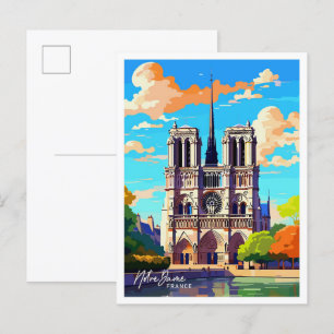 Postal Notre Dame France Viaje Ilustracion Vintage