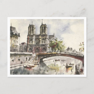 Postal Notre Dame, Paris France Watercolor, 1962