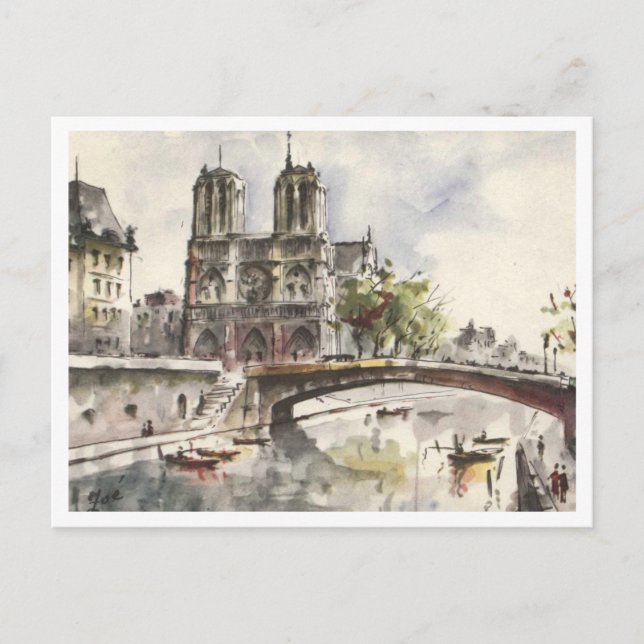 Postal Notre Dame, Paris France Watercolor, 1962 (Anverso)