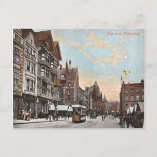 Postal Nottingham, larga fila con primeros tranvías, 1900