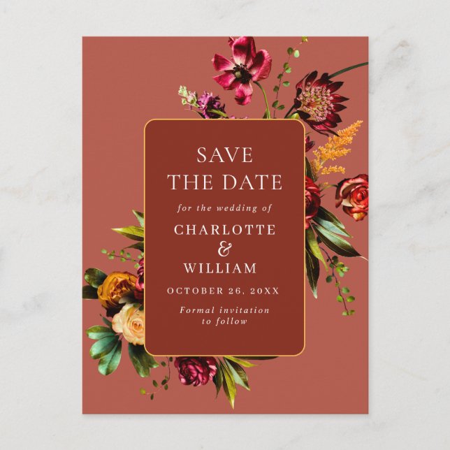 Postal Noveau Flowers Wedding Save the Date QR Code (Anverso)