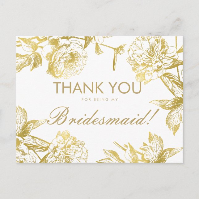 Postal Novedosa Bridesmaid Floral Sencilla de Oro Gracias (Anverso)