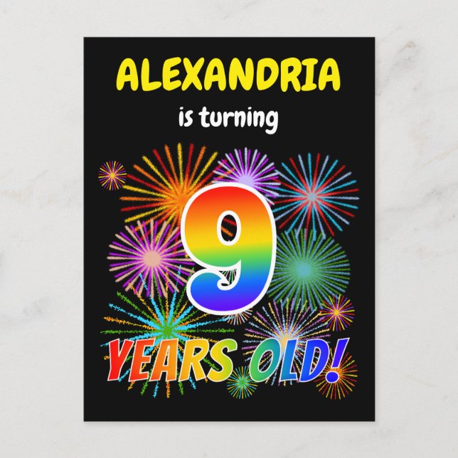Postal Noveno cumpleaños - Fuegos artificiales divertidos (Anverso)