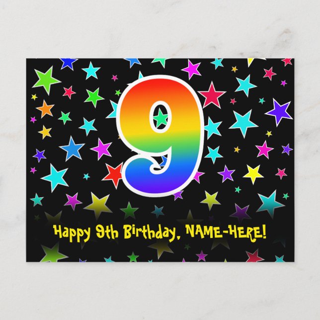 Postal Noveno cumpleaños: Patrón de estrellas divertidas, (Anverso)