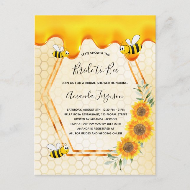 Postal Novia a Bee dulce miel gotea en la ducha de novia (Anverso)