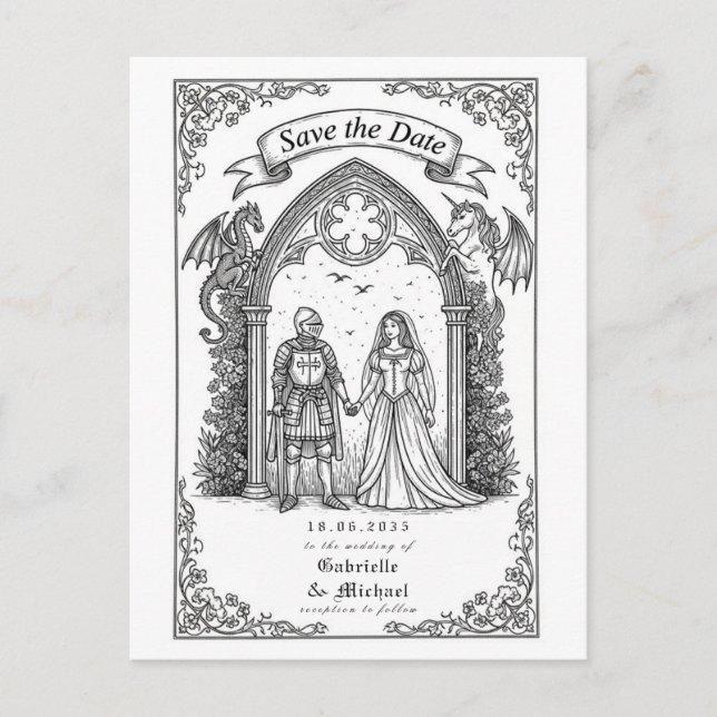 Postal Novia Caballero Gótico Medieval Save The Date (Anverso)