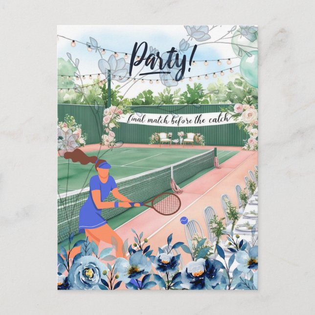 Postal novia con tema de soltera de tenis en la cancha (Anverso)