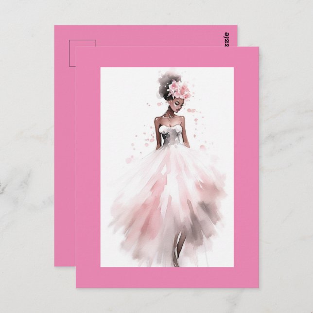 Postal Novia de boda afroamericana romántica (Anverso / Reverso)