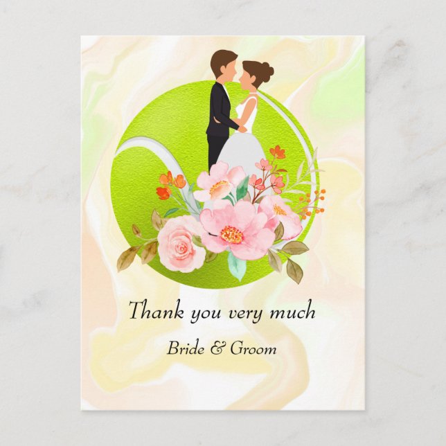 Postal Novia de tenis y novio en pista de tenis para Boda (Anverso)