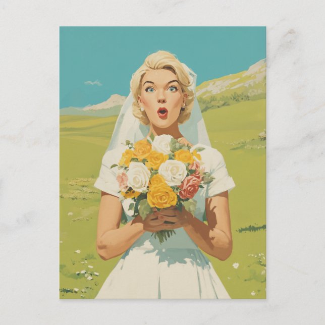 Postal Novia sorprendida en prado primaveral (Anverso)
