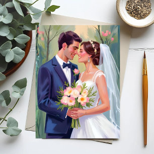 Postal Novia y Novio   Acuarela de recién casados de boda