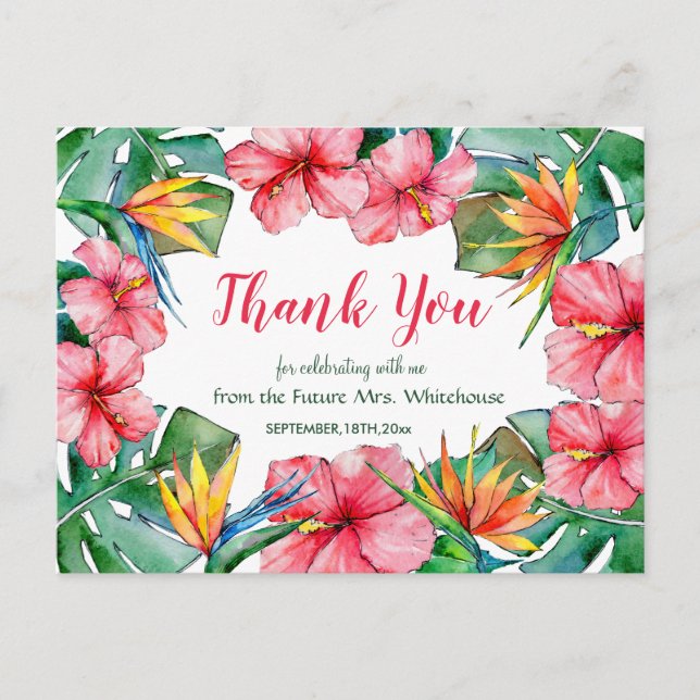 Postal Novias tropicales de Hibiscus en Hawái Gracias (Anverso)