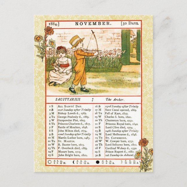 Postal Noviembre 1884 Almanac.  Sagitario, El Arquero (Anverso)