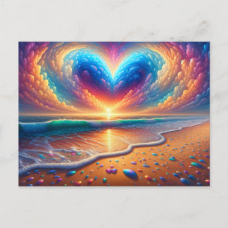 Postal Nube de corazón arcoiris sobre la playa