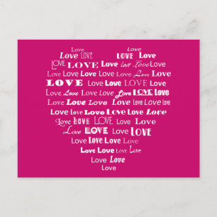 Postal Nube de palabras de amor - blanco en rosa fucsia