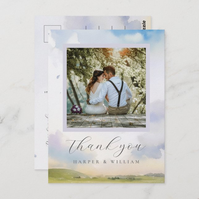 Postal nubes de acuarela soñadoras foto de boda gracias (Anverso / Reverso)