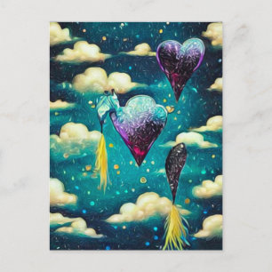 Postal Nubes y globos aerostáticos de corazón surrealista