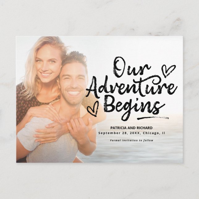 Postal Nuestra aventura comienza Save The Date foto de bo (Anverso)