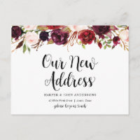 Nuestra nueva dirección, borgoña floral, Invitació