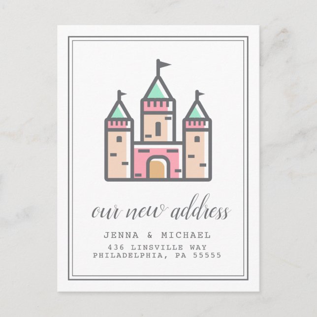 Postal Nuestra nueva dirección | Casa Castillo Pastel (Anverso)