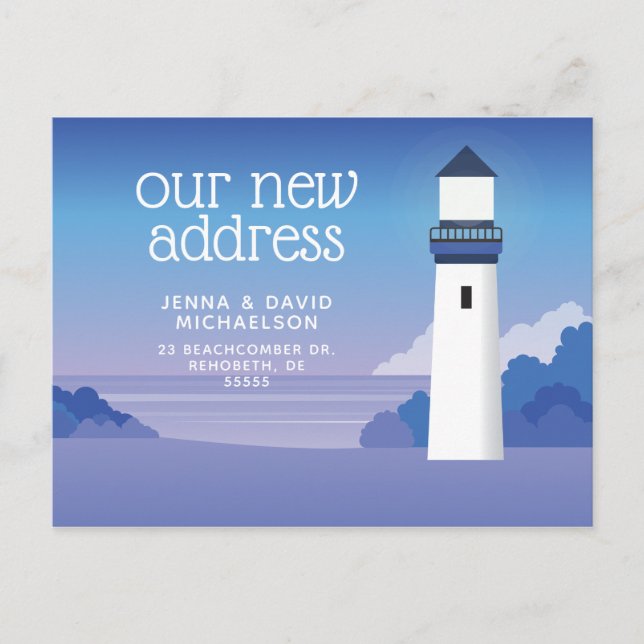 Postal Nuestra nueva dirección | Playa y faro (Anverso)