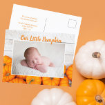 Postal Nuestra pequeña calabaza, acción de gracias, foto<br><div class="desc">Esta hermosa y moderna postal de fotos de recién nacidos en el Día de Acción de Gracias muestra una fotografía de tu dulce recién nacido bajo las palabras Nuestra calabaza en naranja. Esta fotografía de otoño con madera blanca de moda detrás del parche de las bompas es una elegante postal...</div>