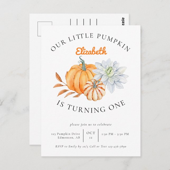 Postal Nuestra pequeña calabaza cumple 1 año Floral Otoño (Anverso / Reverso)