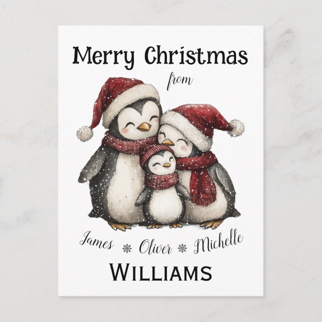 Postal Nuestra primera Navidad como familia de tres pingü (Anverso)
